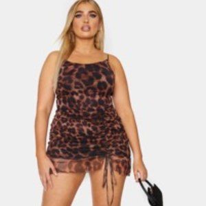 Plus Brown Leopard Print Mesh Ruched Bodycon Dress (Size 20)